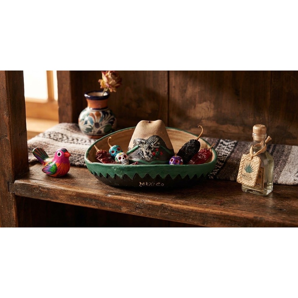 Vintage Mexican Folk Art Sombrero Pottery Dish Hand Painted Terracotta 6.5in